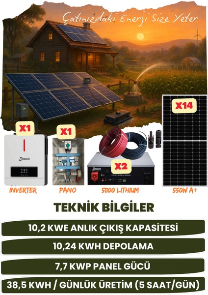 10,2 Kw Monofaze Güneş Paneli Sistemi (7,7 Kwp/10,24 Kwh Depolama) - 14P10K2L-D fiyatları