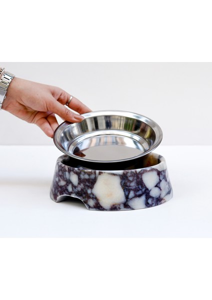 Marmora - Büyük Boy Gerçek Mermer Kedi Köpek Mama Kabı & Su Kabı - Çelik Taslı Özel Tasarım fiyatları