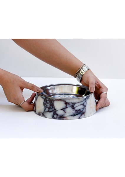 Marmora - Büyük Boy Gerçek Mermer Kedi Köpek Mama Kabı & Su Kabı - Çelik Taslı Özel Tasarım