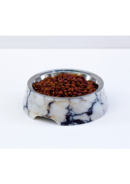 Marmora - Büyük Boy Gerçek Mermer Kedi Köpek Mama Kabı & Su Kabı - Çelik Taslı Özel Tasarım