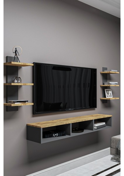 Dekoratif Raflı Tv Ünitesi,antrasit Gri-Atlantik Çam,portatif Minifix Kurulum