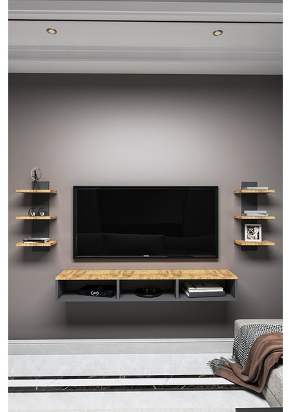 Dekoratif Raflı Tv Ünitesi,antrasit Gri-Atlantik Çam,portatif Minifix Kurulum fiyatları