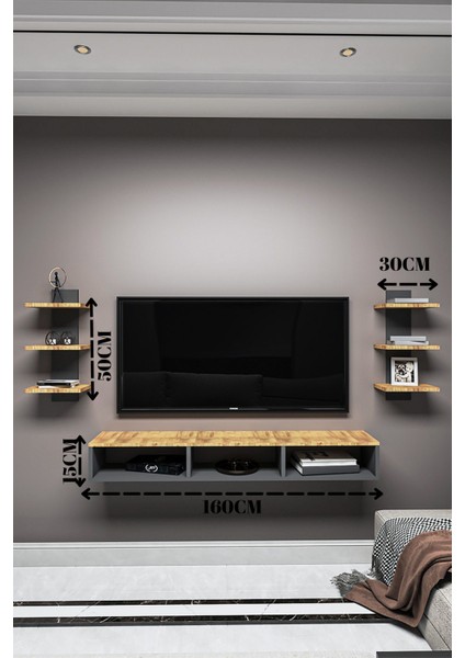 Dekoratif Raflı Tv Ünitesi,antrasit Gri-Atlantik Çam,portatif Minifix Kurulum modelleri