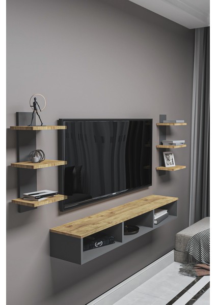 Dekoratif Raflı Tv Ünitesi,antrasit Gri-Atlantik Çam,portatif Minifix Kurulum fırsatları
