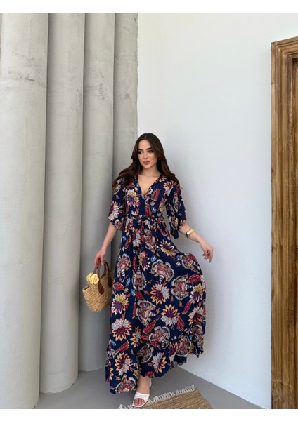 Lilyum Desen Kruvaze Yaka Mendil Kol Elbise