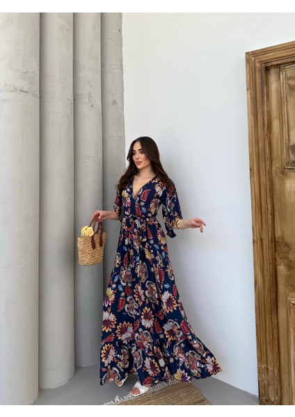 Lilyum Desen Kruvaze Yaka Mendil Kol Elbise fiyatları