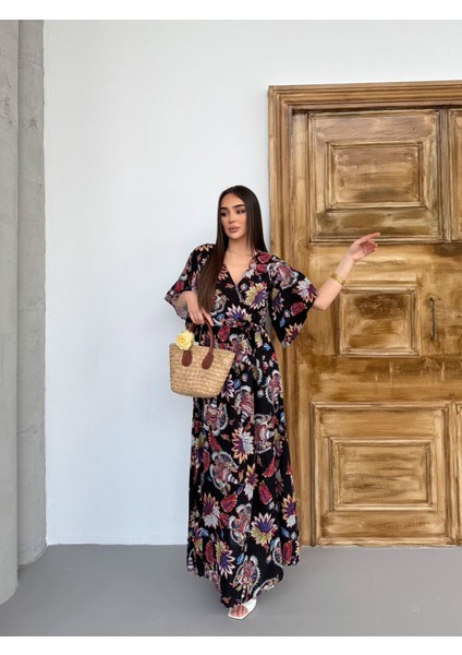 Lilyum Desen Kruvaze Yaka Mendil Kol Elbise