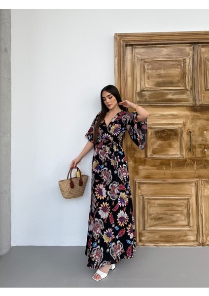 Lilyum Desen Kruvaze Yaka Mendil Kol Elbise fiyatları