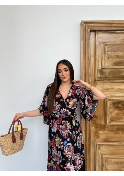 Lilyum Desen Kruvaze Yaka Mendil Kol Elbise modelleri