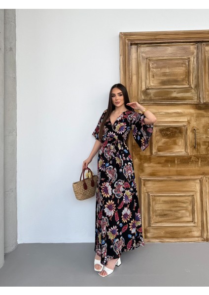 Lilyum Desen Kruvaze Yaka Mendil Kol Elbise fırsatları