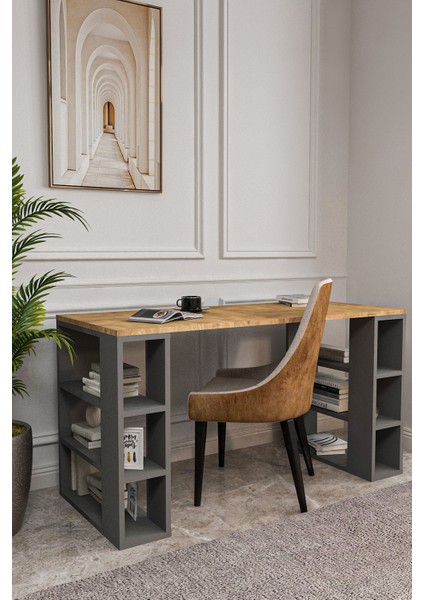 Dekoratif Çalışma Masası,6 Bölmeli Bilgisayar MASASI,130CM Pc Masası,gri,çam