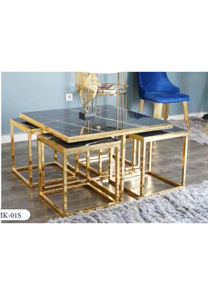Mim Siyah Mermer - Gold Kare 4+1 Pizza Orta Sehpa