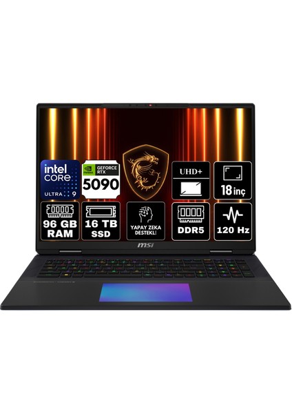 Msı Titan 18 Hx Aı Intel Core Ultra 9 285HX 96GB 16TB SSD RTX5090 24GB Windows 11 Pro 18" 120Hz Uhd+ Taşınabilir Bilgisayar A2XWJG-620TR-A6
