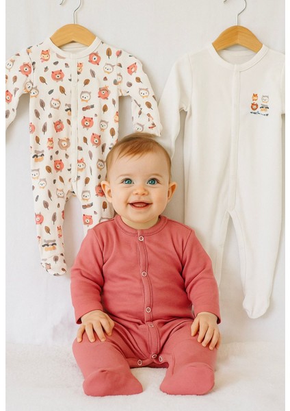 Misimosi Tatlı Hayvanlar Temalı Uzun Kollu 3lü Patikli Kız Bebek Tulumu