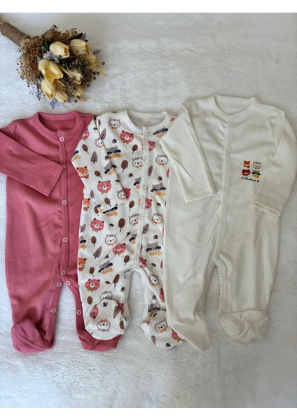 Misimosi Tatlı Hayvanlar Temalı Uzun Kollu 3lü Patikli Kız Bebek Tulumu modelleri