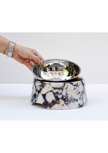 Marmora - 2'li Set Gerçek Mermer Kedi Köpek Mama Kabı & Su Kabı - Çelik Taslı Özel Tasarım fiyatları