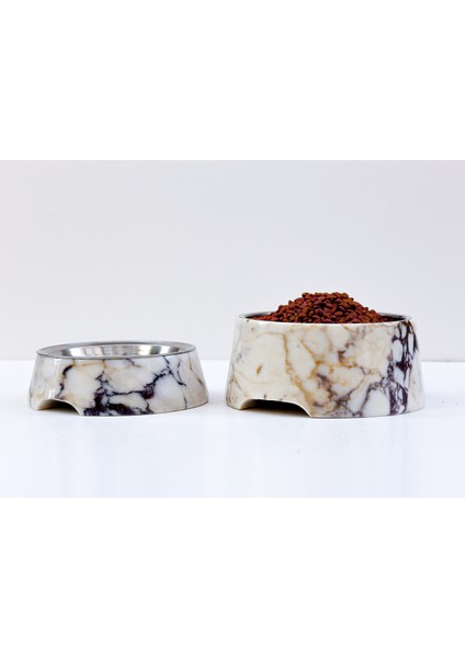 Marmora - 2'li Set Gerçek Mermer Kedi Köpek Mama Kabı & Su Kabı - Çelik Taslı Özel Tasarım indirimleri