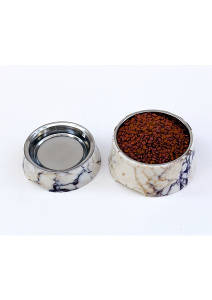 Marmora - 2'li Set Gerçek Mermer Kedi Köpek Mama Kabı & Su Kabı - Çelik Taslı Özel Tasarım