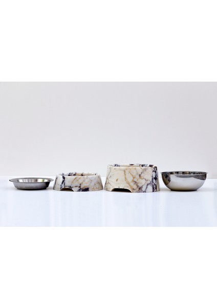 Marmora - 2'li Set Gerçek Mermer Kedi Köpek Mama Kabı & Su Kabı - Çelik Taslı Özel Tasarım