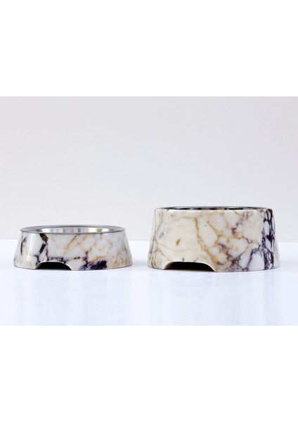 Marmora - 2'li Set Gerçek Mermer Kedi Köpek Mama Kabı & Su Kabı - Çelik Taslı Özel Tasarım