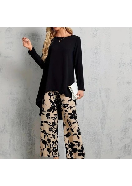 Mdb Kadın Uzun Kollu Bisiklet Yaka Asimetrik Kesim Detaylı Viskon Bluz ve Çiçek Desenli Iki Iplik Pantolon