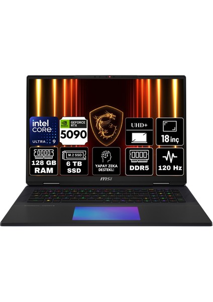 Msı Titan 18 Hx Aı Intel Core Ultra 9 285HX 128GB 6tb SSD RTX5090 24GB Windows 11 Pro 18" 120Hz Uhd+ Taşınabilir Bilgisayar A2XWJG-620TR-A7