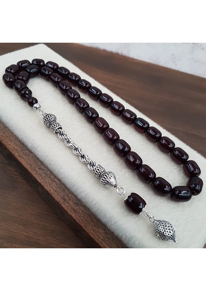 Gümüş Püskül Koyu Kahve Kapsül Kesim Sıkma Kehribar