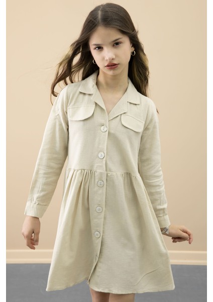 Bej Düğme Kapamalı Kız Çocuk Kapak Detaylı Uzun Kol Elbise 20701 fiyatları