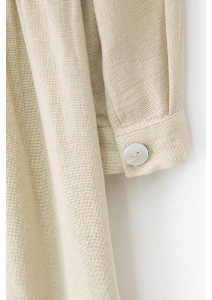 Bej Düğme Kapamalı Kız Çocuk Kapak Detaylı Uzun Kol Elbise 20701 fırsatları