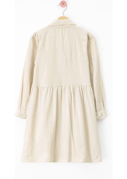 Bej Düğme Kapamalı Kız Çocuk Kapak Detaylı Uzun Kol Elbise 20701 indirimleri