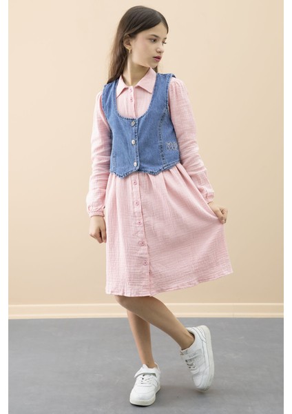 Pembe Jean Yelekli Uzun Kol Kız Çocuk 2li Müslin Elbise 20667