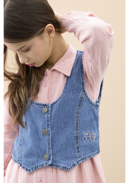 Pembe Jean Yelekli Uzun Kol Kız Çocuk 2li Müslin Elbise 20667 fiyatları