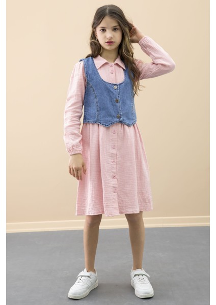 Pembe Jean Yelekli Uzun Kol Kız Çocuk 2li Müslin Elbise 20667 modelleri