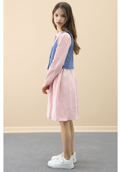 Pembe Jean Yelekli Uzun Kol Kız Çocuk 2li Müslin Elbise 20667 fırsatları