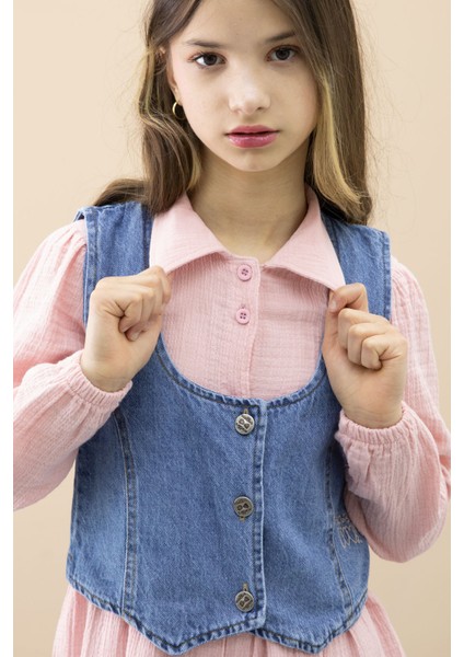 Pembe Jean Yelekli Uzun Kol Kız Çocuk 2li Müslin Elbise 20667 indirimleri