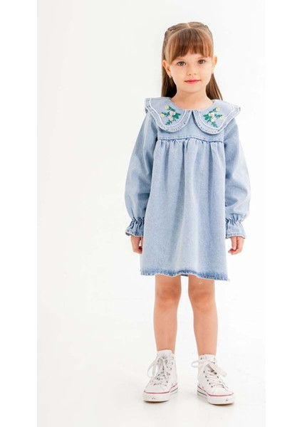 Mavi Yakası Çiçek Nakışlı Uzun Kol Kız Çocuk Jean Elbise 20115