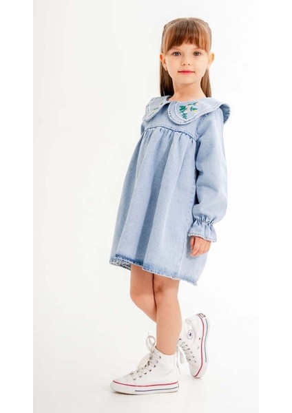 Mavi Yakası Çiçek Nakışlı Uzun Kol Kız Çocuk Jean Elbise 20115 modelleri