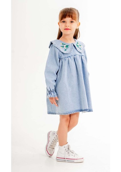 Mavi Yakası Çiçek Nakışlı Uzun Kol Kız Çocuk Jean Elbise 20115 fırsatları