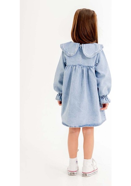 Mavi Yakası Çiçek Nakışlı Uzun Kol Kız Çocuk Jean Elbise 20115 indirimleri