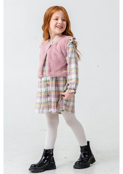 Pembe Kız Çocuk Peluş Yelekli Ekose Desenli Elbise 22696