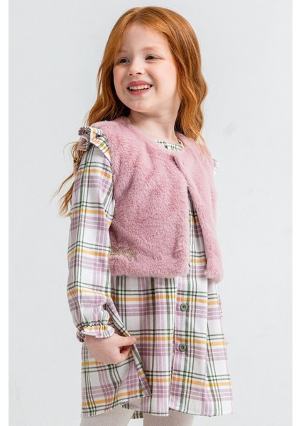 Pembe Kız Çocuk Peluş Yelekli Ekose Desenli Elbise 22696 fırsatları