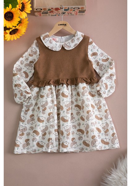Kahve Kirpi Desenli Süveterli Kız Çocuk Elbise 20221