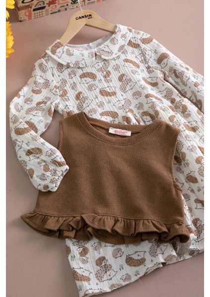 Kahve Kirpi Desenli Süveterli Kız Çocuk Elbise 20221 indirimleri