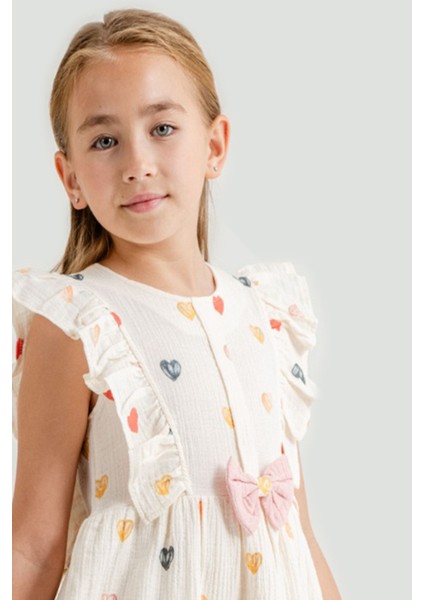 Pembe Kalp Baskılı Fiyonk Detaylı Müslin Kız Çocuk Elbise 21080 fiyatları