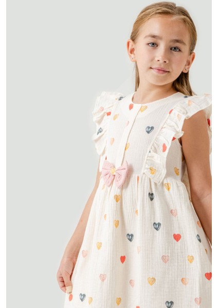 Pembe Kalp Baskılı Fiyonk Detaylı Müslin Kız Çocuk Elbise 21080 modelleri