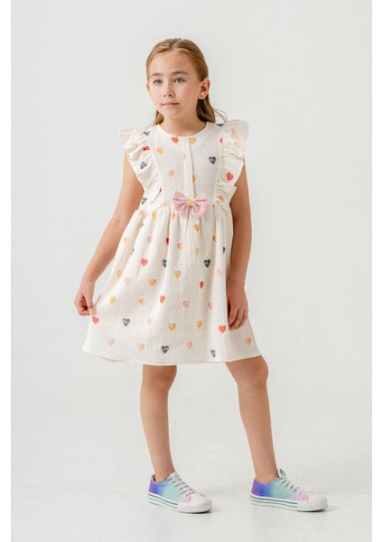 Pembe Kalp Baskılı Fiyonk Detaylı Müslin Kız Çocuk Elbise 21080 fırsatları