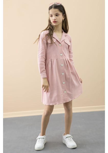 Pembe Düğme Kapamalı Kız Çocuk Kapak Detaylı Uzun Kol Elbise 20698