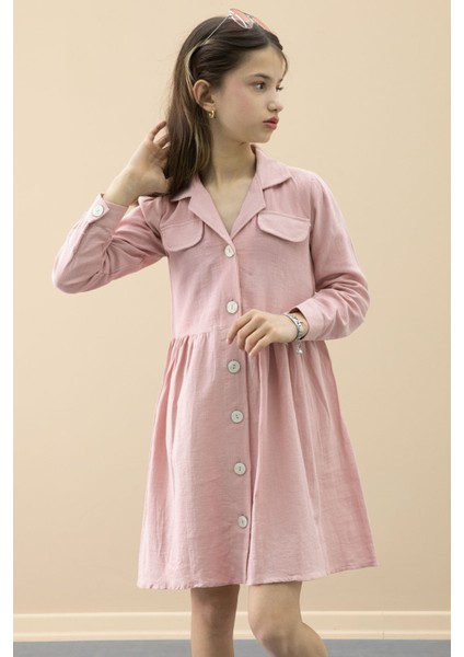 Pembe Düğme Kapamalı Kız Çocuk Kapak Detaylı Uzun Kol Elbise 20698 fiyatları