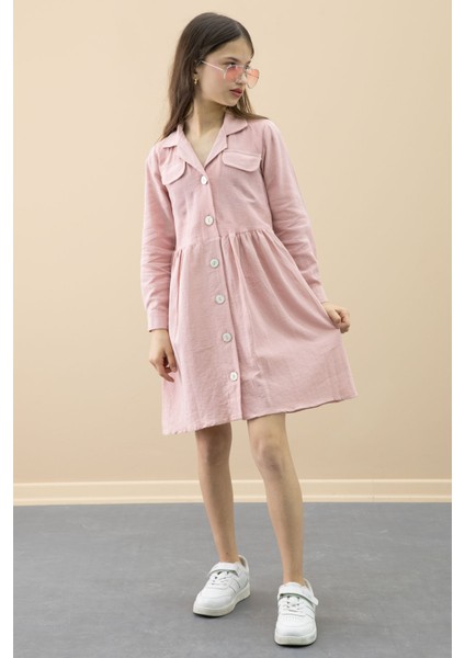 Pembe Düğme Kapamalı Kız Çocuk Kapak Detaylı Uzun Kol Elbise 20698 modelleri