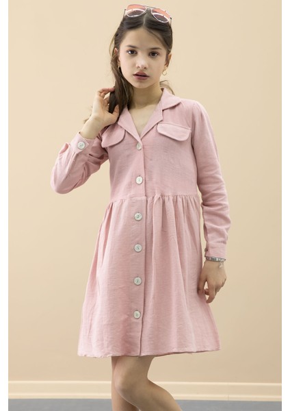 Pembe Düğme Kapamalı Kız Çocuk Kapak Detaylı Uzun Kol Elbise 20698 fırsatları